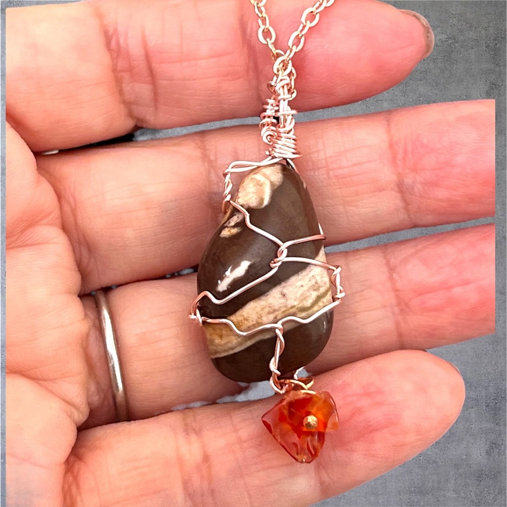 Rose gold plated natural brown stone pendant